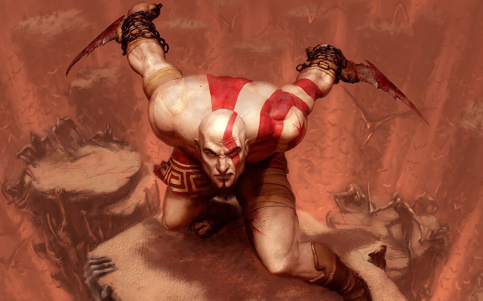 A striking HD wallpaper of Kratos from God of War III, showcasing his intense expression and powerful stance against a dramatic background.