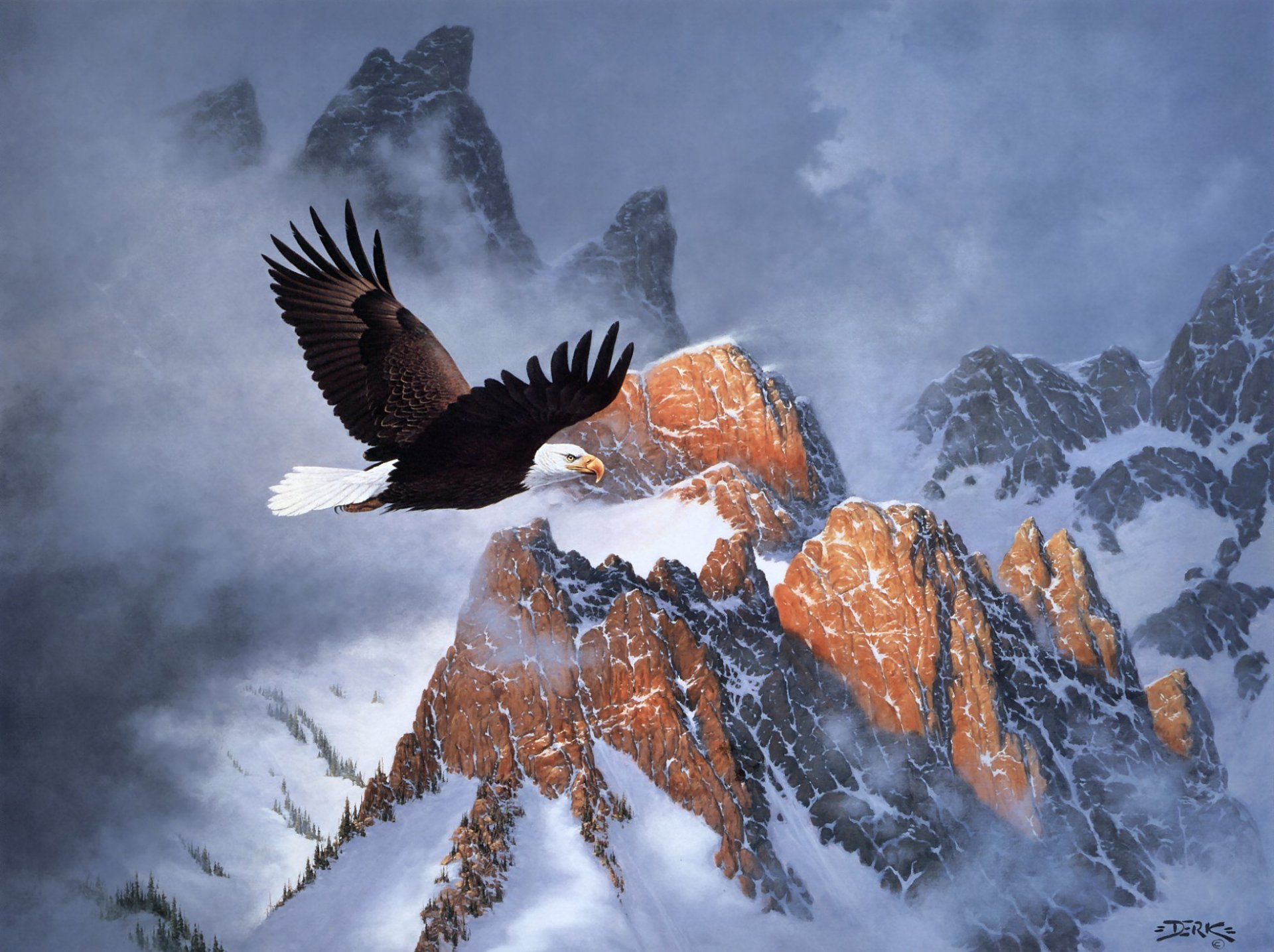 A majestic bald eagle soars over rugged, snow-capped mountains, capturing the essence of freedom and wildlife in this HD PC desktop wallpaper and background.