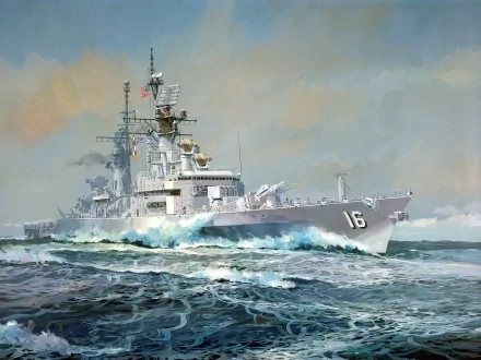 A high-definition image of the USS Leahy (DLG-16), a military destroyer of the United States Navy, artistically depicted sailing through turbulent waters.