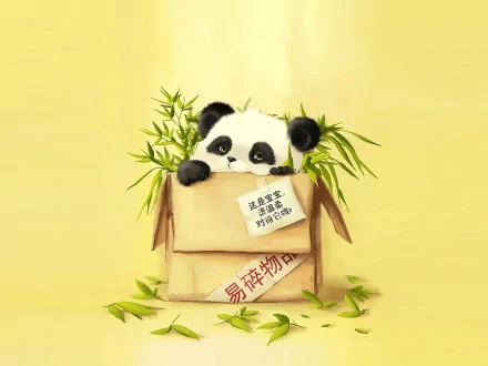 HD PC desktop wallpaper featuring a cute panda peeking out of a cardboard box surrounded by bamboo on a soft yellow background.