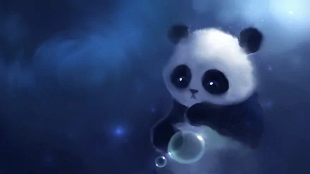 A whimsical digital artwork of a panda holding a bubble, set against a serene blue background. This HD image serves as an engaging desktop wallpaper.