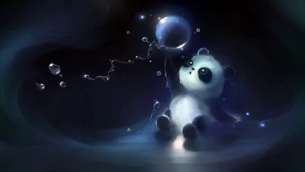 A cute panda plays with a floating bubble in a dreamy, dark setting. This charming image serves as a delightful HD PC desktop wallpaper and background.