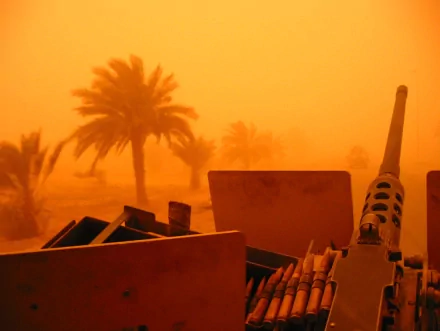 A dramatic view of a .50 caliber Browning machine gun surrounded by palm trees, set against a hazy, orange backdrop that evokes a desert environment.