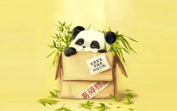 HD PC desktop wallpaper featuring a cute panda peeking out of a cardboard box surrounded by bamboo on a soft yellow background.