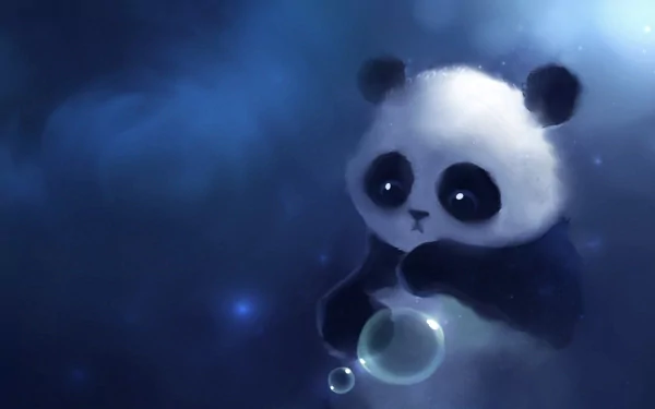 A whimsical digital artwork of a panda holding a bubble, set against a serene blue background. This HD image serves as an engaging desktop wallpaper.