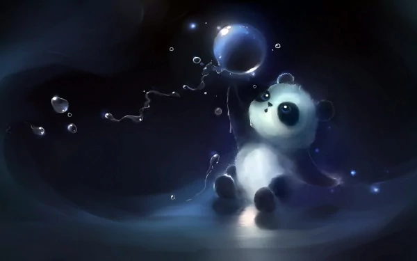 A cute panda plays with a floating bubble in a dreamy, dark setting. This charming image serves as a delightful HD PC desktop wallpaper and background.