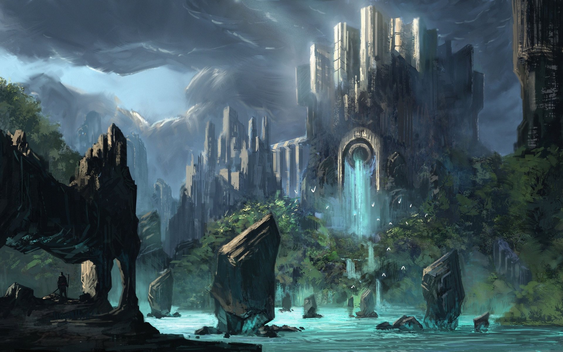 A breathtaking fantasy scene featuring a majestic castle surrounded by rocky formations and a tranquil waterfall, set against a dramatic backdrop of clouds and mountains.