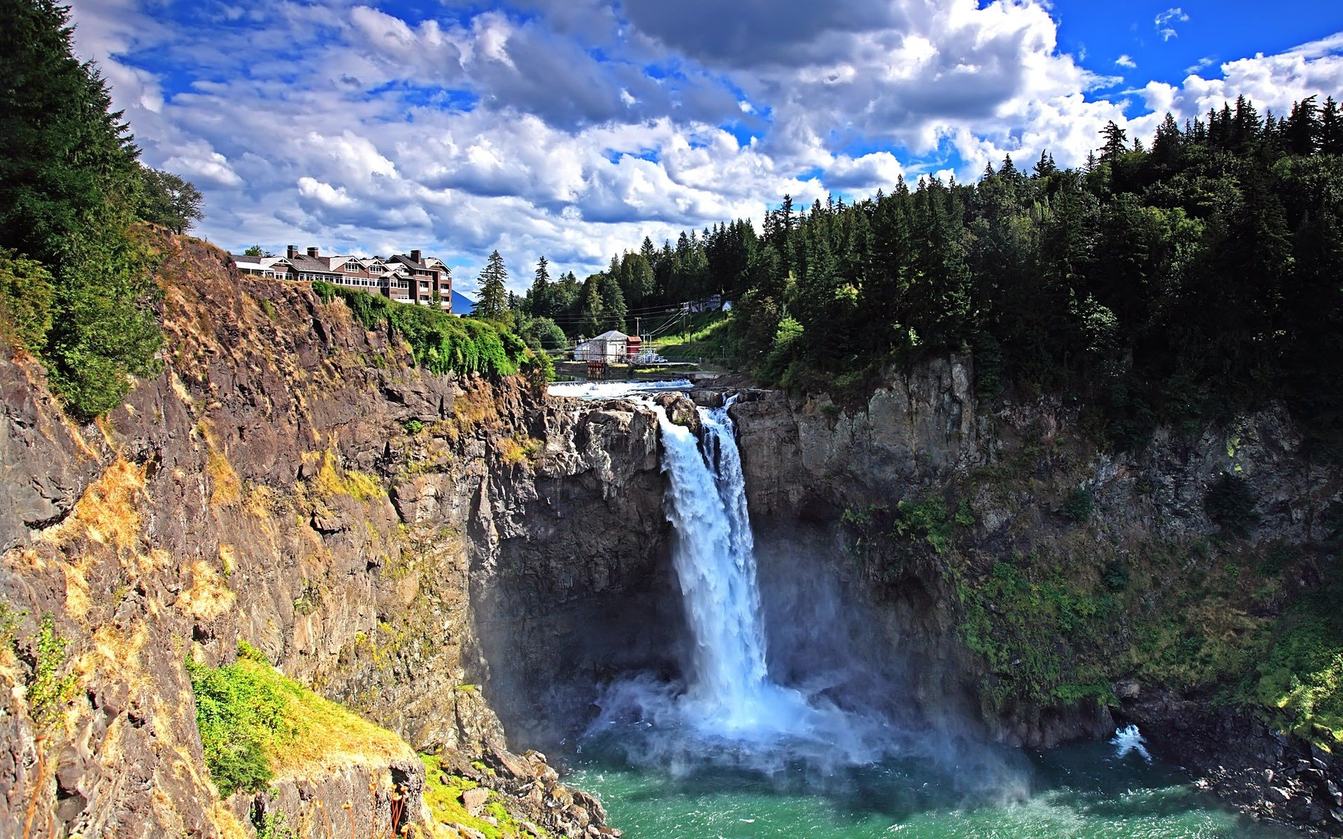 Photography: a forested place with a dramatic waterfall plunging into a turquoise pool under a blue sky — HD PC desktop wallpaper and background.