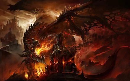 HD wallpaper of Deathwing from World of Warcraft unleashing fiery destruction upon a city, with intense flames and dark skies creating a dramatic fantasy scene.