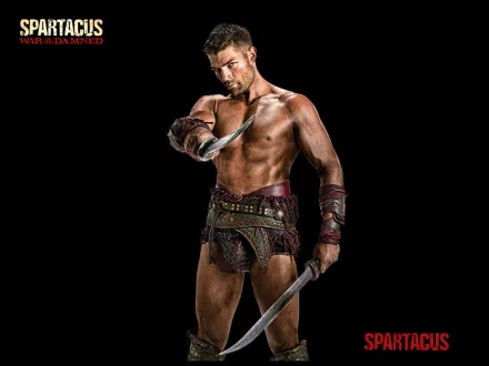 HD desktop wallpaper featuring a muscular Spartacus from the TV show Spartacus: War of the Damned, poised with weapons against a black background.
