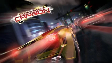 Video game HD PC desktop wallpaper/background: Need for Speed: Carbon — yellow supercar racing through neon-lit city streets at night with dramatic motion blur and light trails.