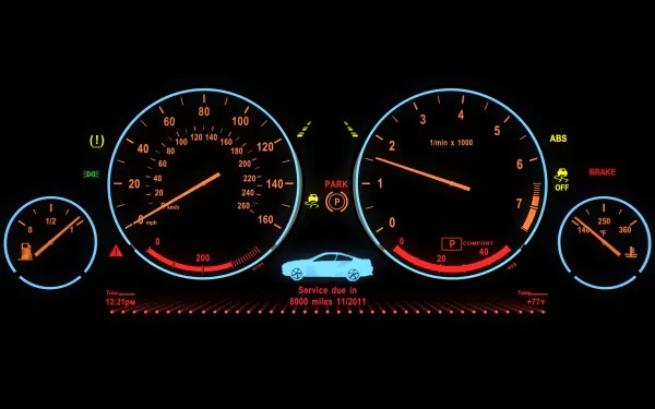 HD PC desktop wallpaper showing a detailed vehicle dashboard with illuminated speedometer, tachometer, and various warning indicators on a black background.