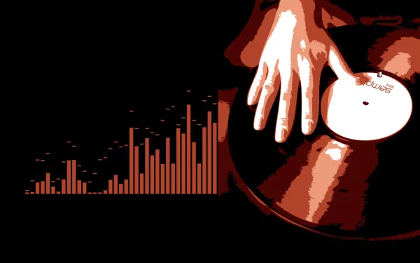 A vibrant HD desktop wallpaper featuring a DJ's hand on a vinyl record, accompanied by a dynamic soundwave graphic, capturing the essence of music and live performance.