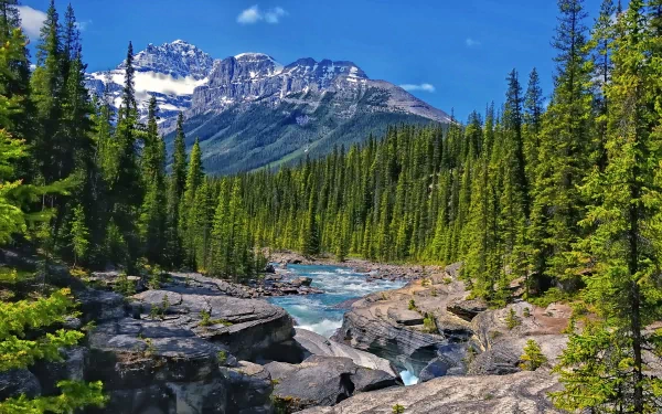 A serene river flows through lush greenery, framed by towering mountains under a clear blue sky. This HD nature scene offers a stunning backdrop for any desktop wallpaper.