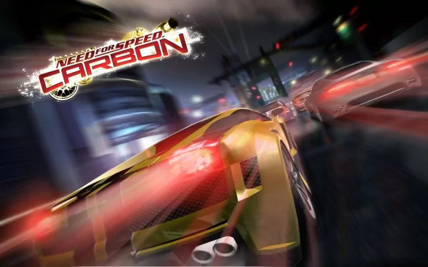 Video game HD PC desktop wallpaper/background: Need for Speed: Carbon — yellow supercar racing through neon-lit city streets at night with dramatic motion blur and light trails.