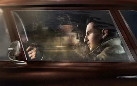 HD wallpaper and desktop background featuring an intense scene from the video game Mafia II, showing a man driving a vintage car, focused and determined.