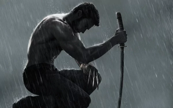 A striking HD wallpaper of Logan James Howlett, known as Wolverine, kneeling in the rain with a sword, capturing the intense mood of the movie The Wolverine.