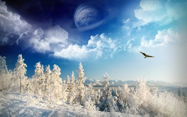 HD photography and digital manipulation blend in this PC desktop wallpaper featuring a snowy forest under a dramatic sky with a distant planet and a soaring bird.