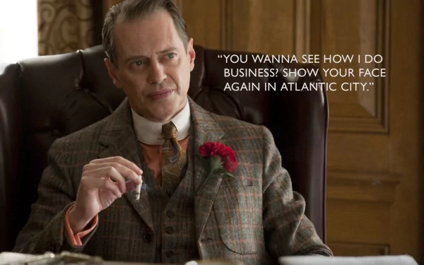 HD desktop wallpaper from the TV show Boardwalk Empire featuring a character in a vintage suit with a quote about doing business in Atlantic City.