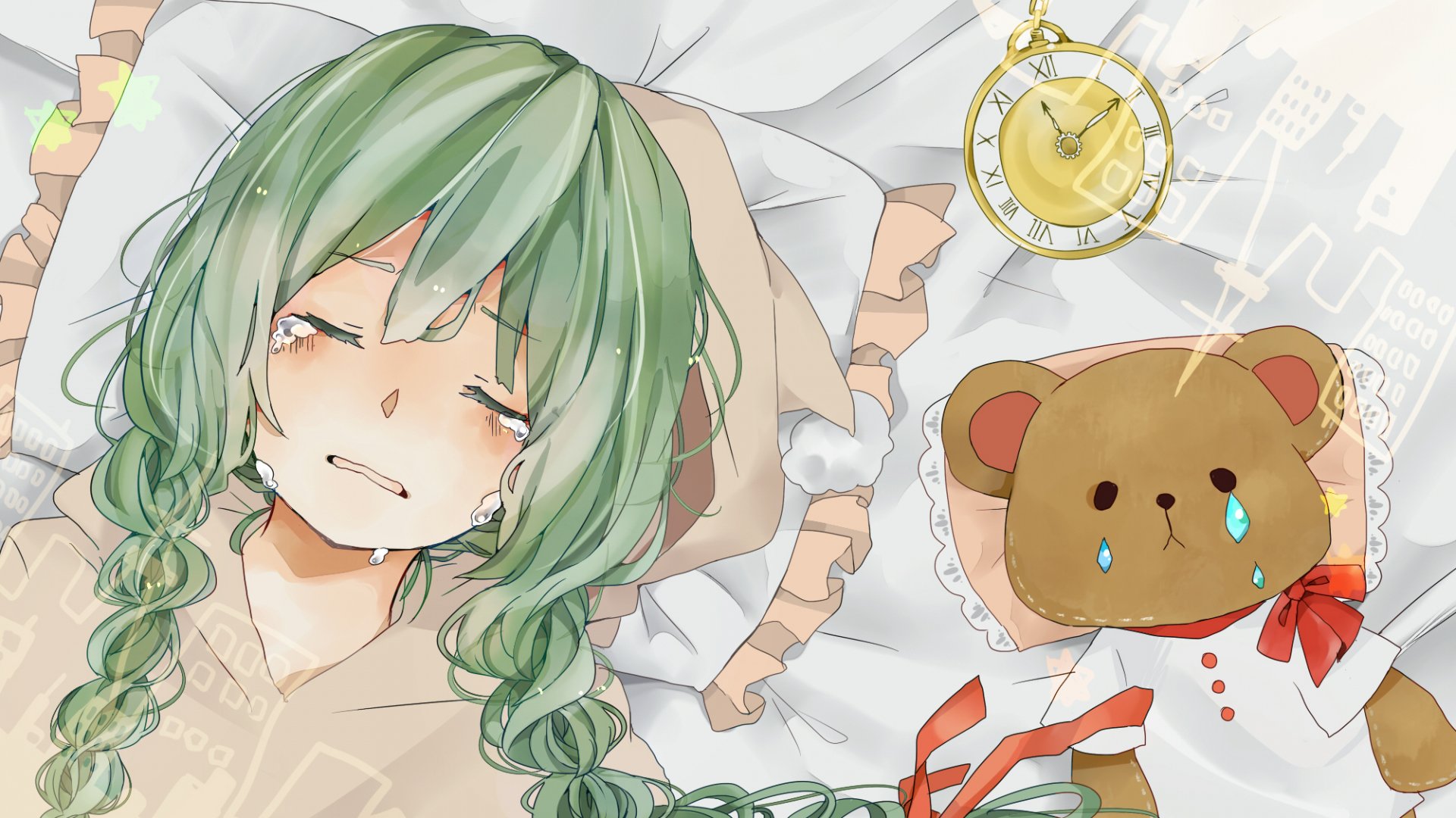 A serene HD wallpaper featuring Hatsune Miku, the popular Vocaloid character, lying on a bed with a teddy bear, conveying a mix of emotions in a beautifully crafted anime style.