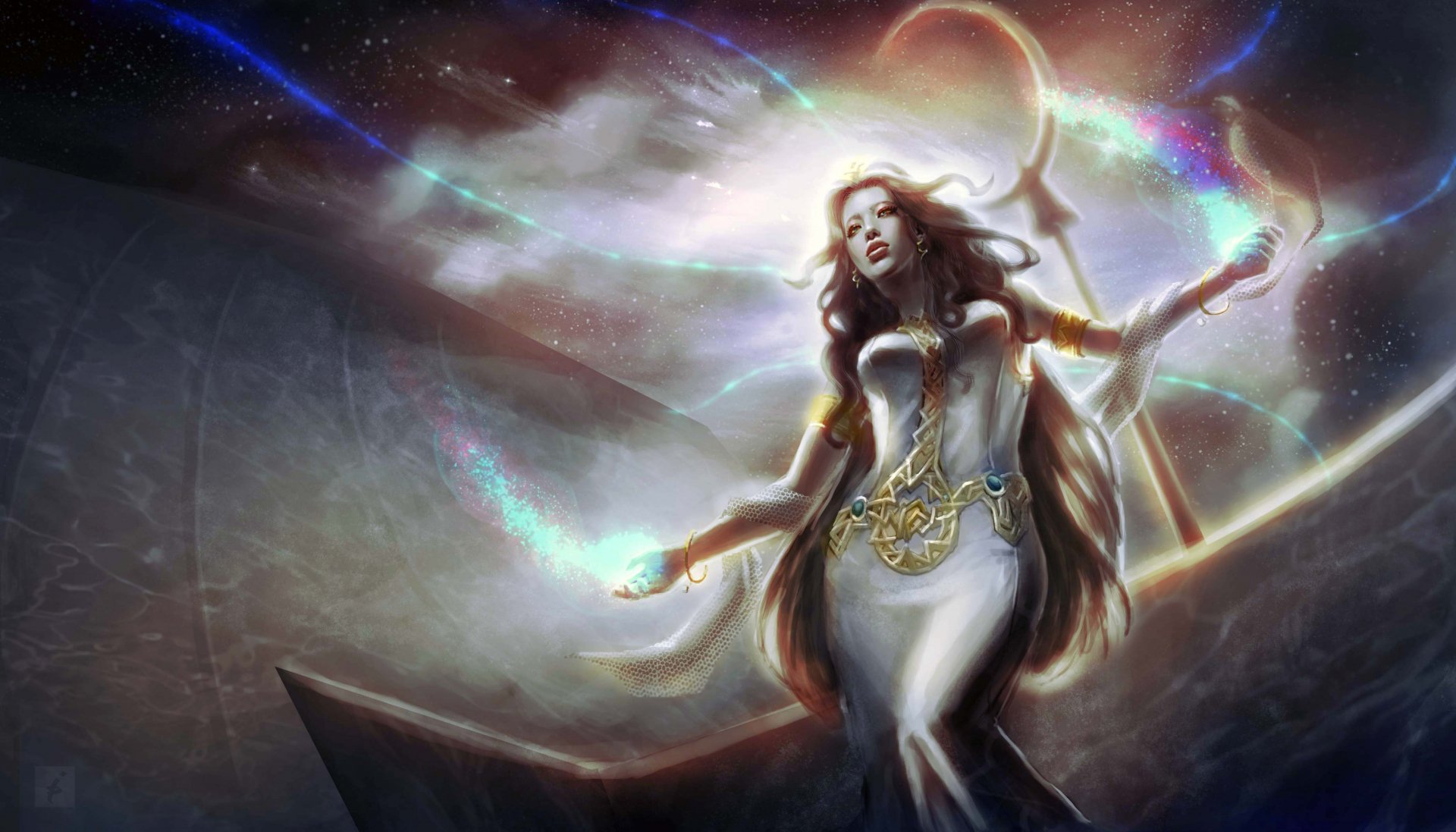 A mystical witch in flowing robes conjures glowing magical energy under a cosmic sky, rendered in vivid detail for a 4K Ultra HD fantasy PC desktop wallpaper.