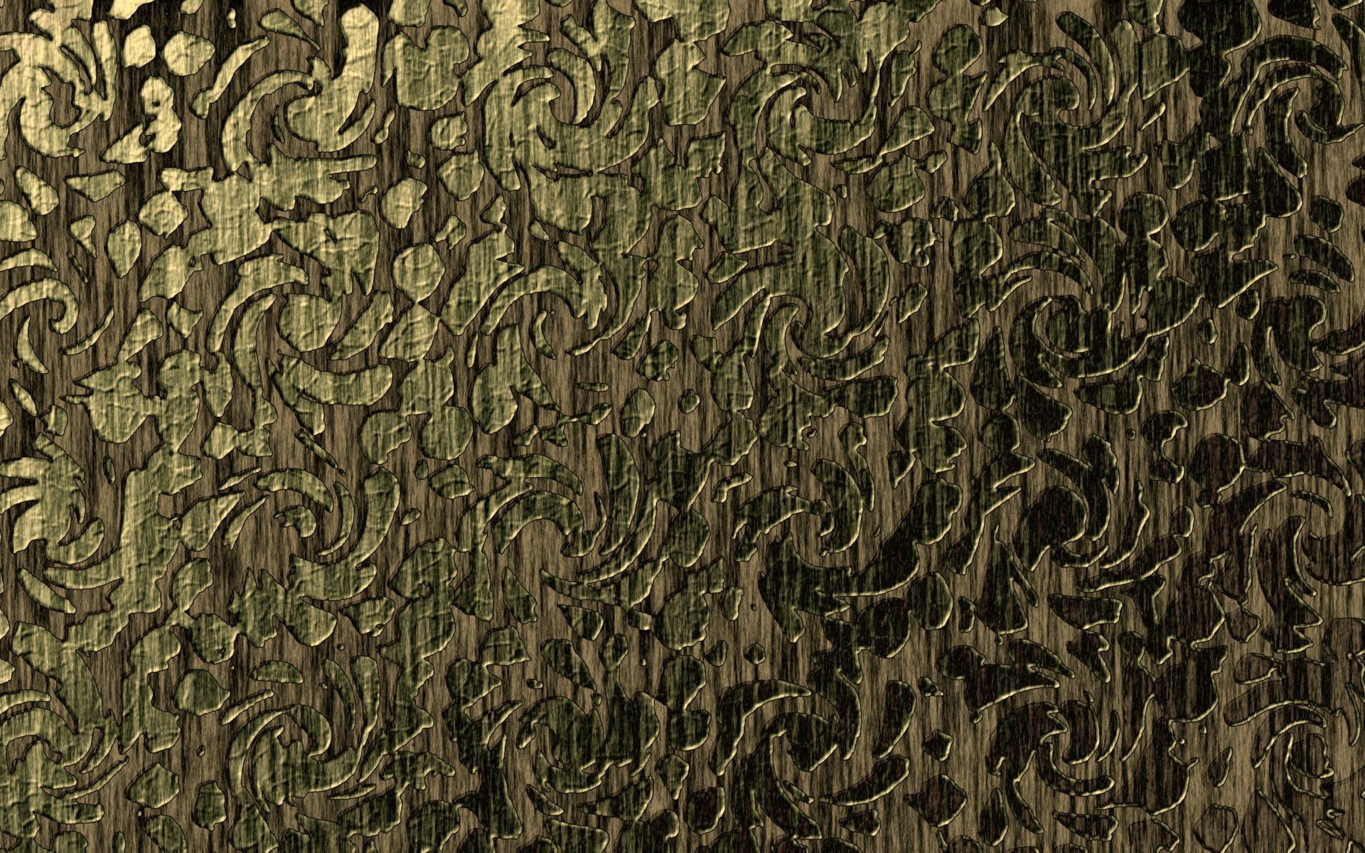 Abstract ornamental gold-green metallic texture with swirling filigree brush strokes — HD PC desktop wallpaper background.