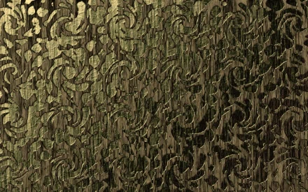 Abstract ornamental gold-green metallic texture with swirling filigree brush strokes — HD PC desktop wallpaper background.