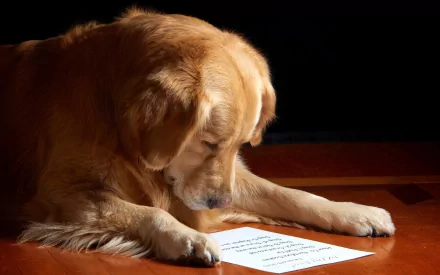 A golden retriever lies on a wooden floor, intently looking at a sheet of paper. The image is a HD desktop wallpaper and background.