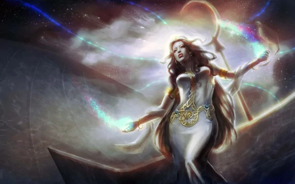 A mystical witch in flowing robes conjures glowing magical energy under a cosmic sky, rendered in vivid detail for a 4K Ultra HD fantasy PC desktop wallpaper.