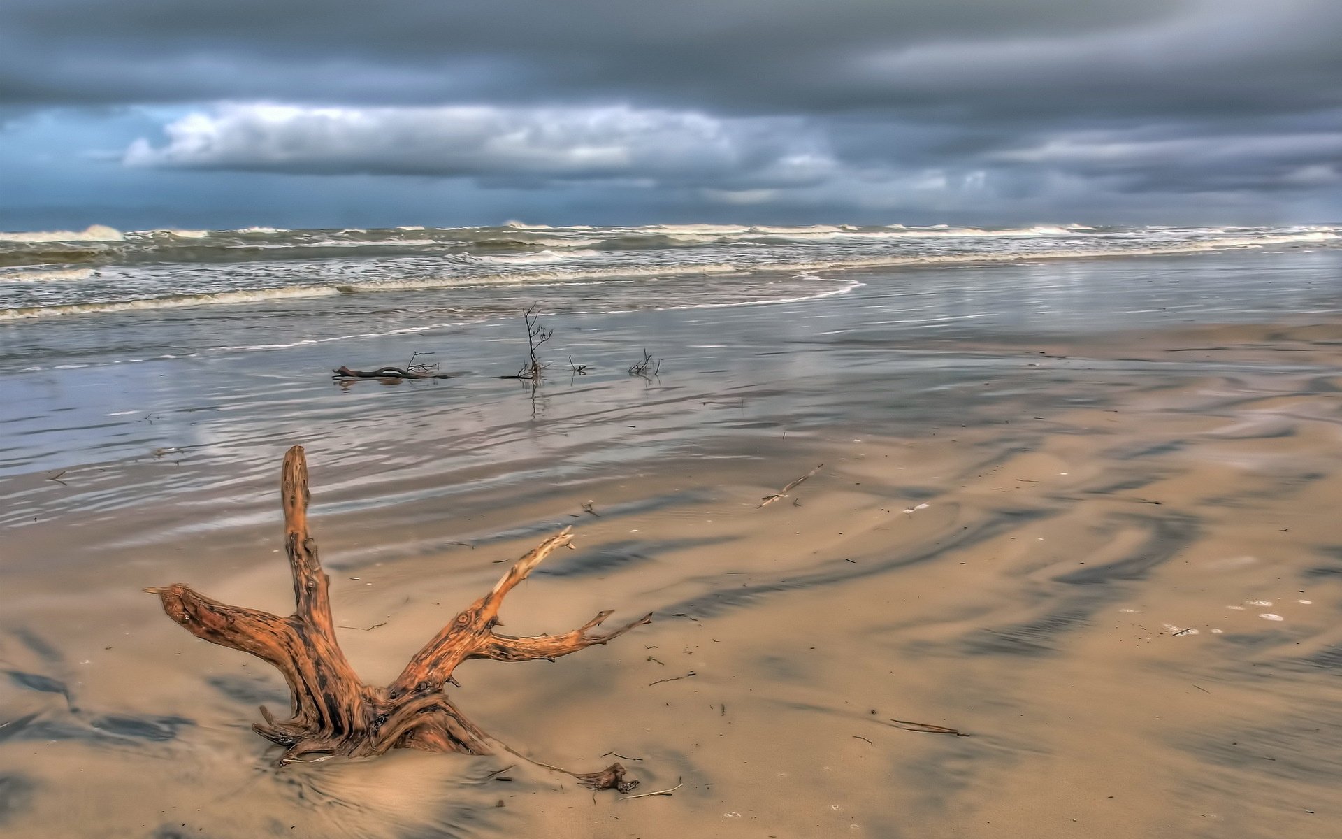 Nature beach HD PC desktop wallpaper background: lone driftwood on wet rippled sand with reflective tide pools under a dramatic cloudy sky.
