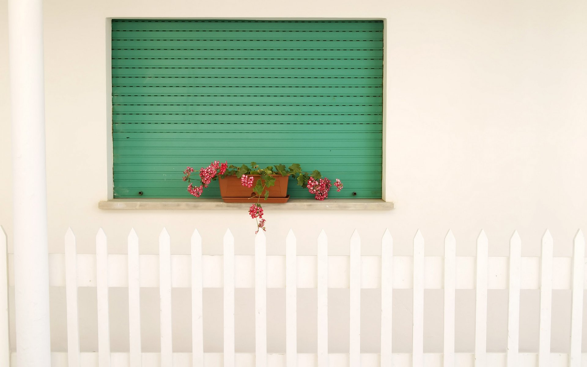 2K Quad HD PC desktop wallpaper: man-made villa facade with green shuttered window, flower box of pink geraniums and a white picket fence against a cream wall.