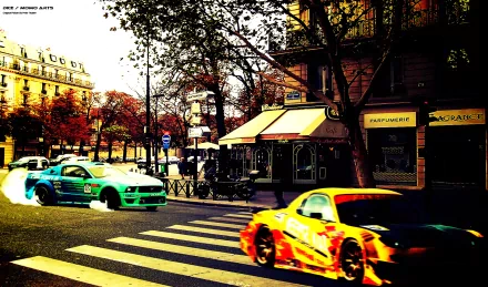 A dynamic scene of race cars, including a Ford Mustang, performing burnouts on a Paris street, surrounded by autumn foliage, creating an exciting urban racing atmosphere.