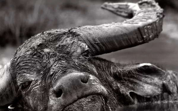 A close-up of an African buffalo in black and white, showcasing its textured skin and powerful horns, creating an intriguing and atmospheric desktop wallpaper.