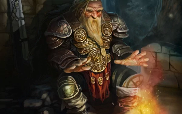 Fantasy HD desktop wallpaper featuring a detailed dwarf in ornate armor warming his hands by a glowing fire in a dark, rustic setting.