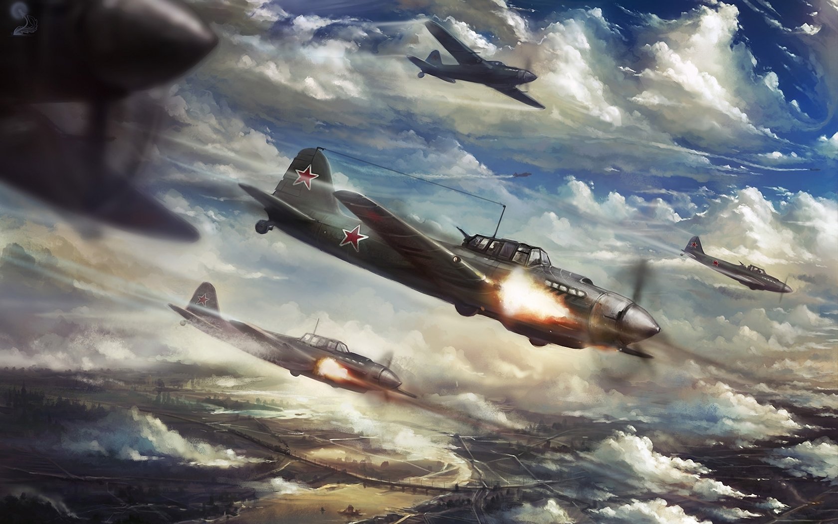 HD military-themed desktop wallpaper featuring Ilyushin Il-2 aircraft flying through a dramatic, cloudy sky during aerial combat.