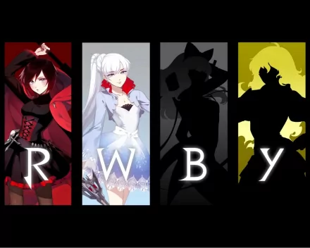 HD PC desktop wallpaper featuring stylized anime portraits of RWBY characters Monty, created by oum, with bold letters R, W, B, Y beneath each panel.