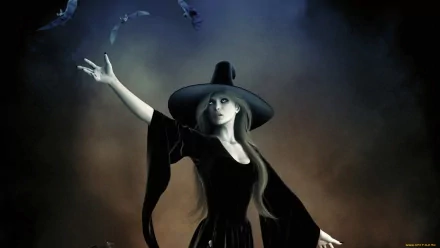 Fantasy HD PC desktop wallpaper showing a witch in a black dress and wide-brimmed hat, casting a spell with an eerie, dark background.