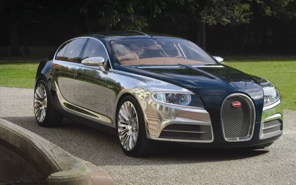 A sleek Bugatti Veyron showcases its stunning design in this HD desktop wallpaper, highlighting its glossy finish and luxurious details against a natural background.