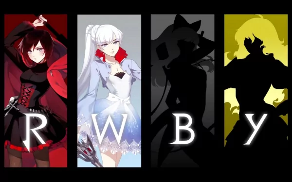 HD PC desktop wallpaper featuring stylized anime portraits of RWBY characters Monty, created by oum, with bold letters R, W, B, Y beneath each panel.