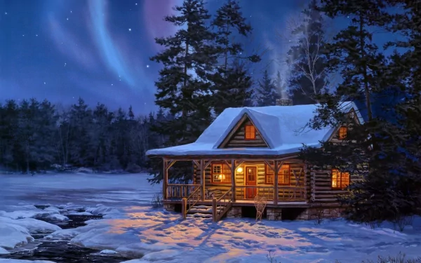 A serene winter scene featuring a cozy cabin surrounded by snow-covered trees, under a starry dusk sky with hints of the aurora borealis illuminating the landscape.