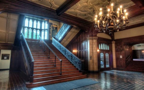 Man-made ornate wooden staircase and chandelier in a historic tiled hall with stained-glass windows — 4K Ultra HD PC desktop wallpaper background.