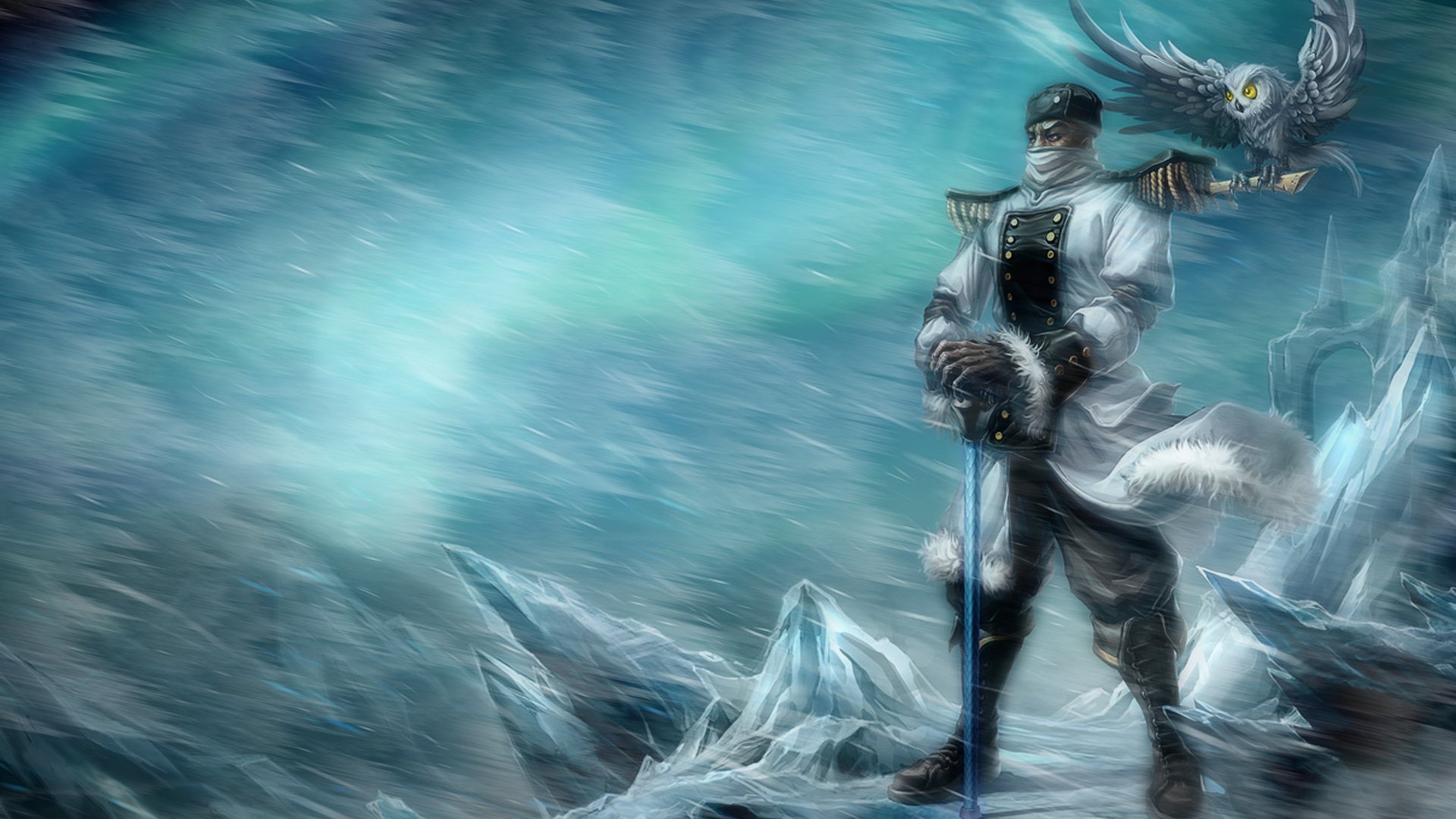 HD desktop wallpaper featuring Swain from League of Legends, standing with a blue-toned owl against a stormy, icy mountain backdrop.