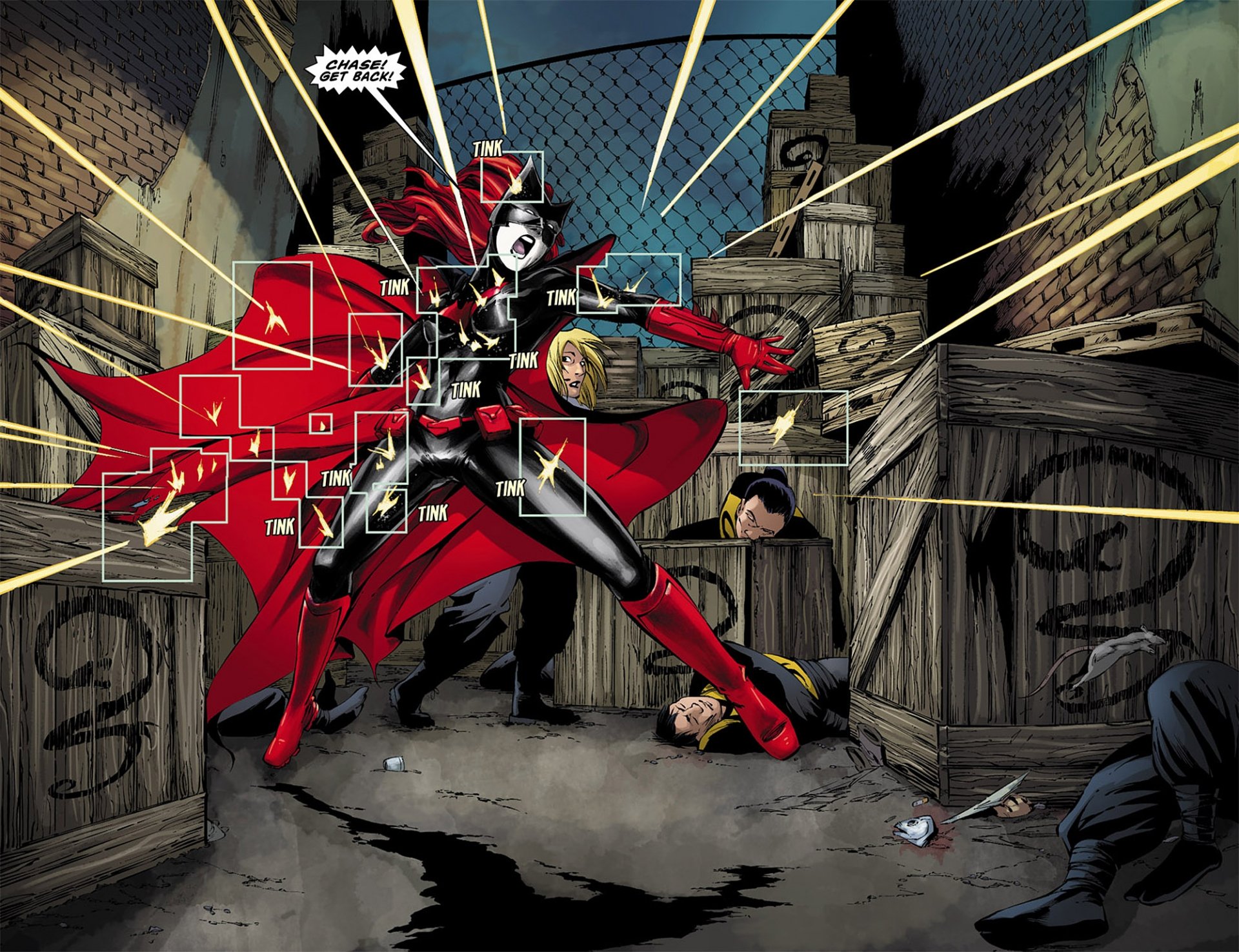 Comic Batwoman HD PC desktop wallpaper and background: Batwoman in a flowing red cape strikes a dynamic pose in a dark alley, looming over defeated criminals amid crates and dramatic motion lines.