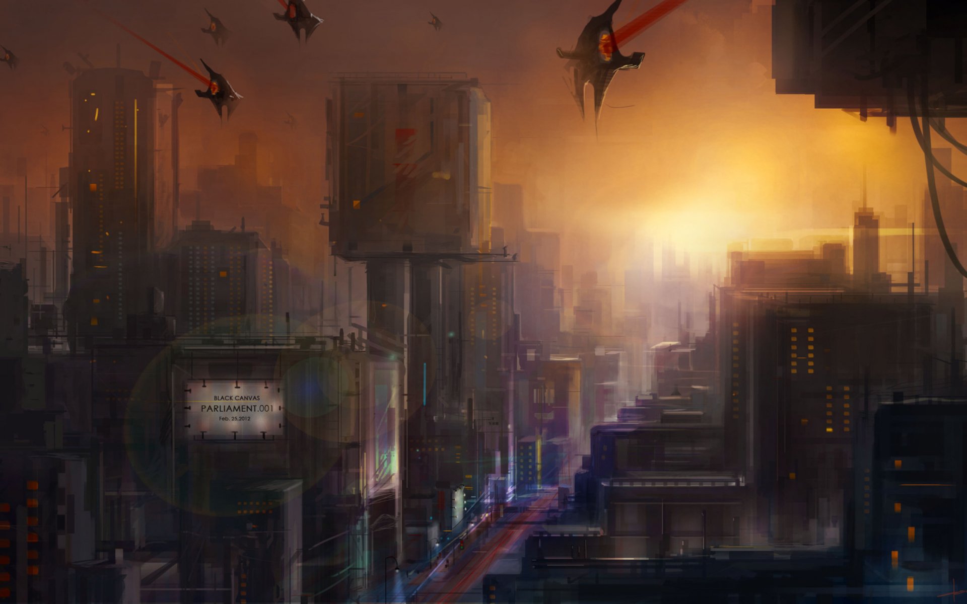 HD PC desktop wallpaper depicting a sci-fi city at sunset, with towering futuristic buildings and flying vehicles against a glowing sky.