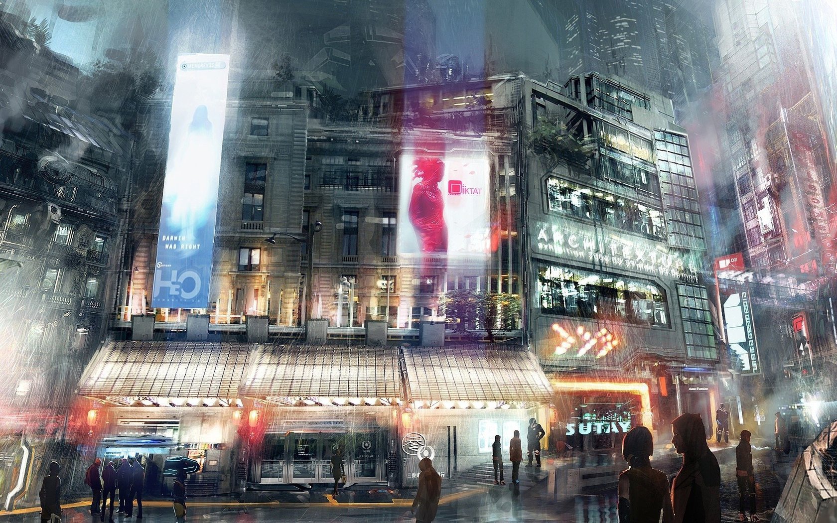 A vibrant sci-fi city scene with futuristic buildings and colorful advertisements, creating an immersive HD desktop wallpaper atmosphere.