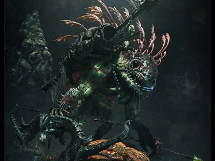 HD wallpaper of a dark fantasy Murloc warrior from World of Warcraft, featuring a detailed, menacing creature in a shadowy, intense gaming environment.