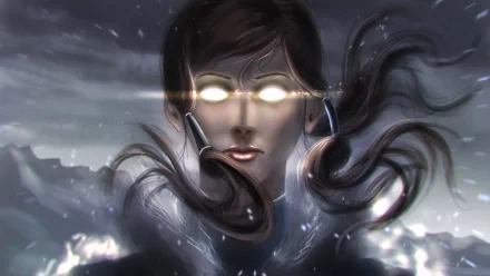 A striking HD wallpaper featuring Korra from The Legend of Korra, with glowing white eyes and flowing brown hair amidst a serene snowfall backdrop.
