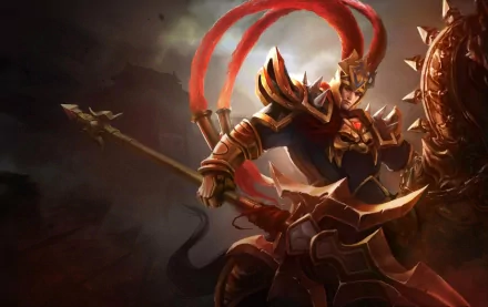 An HD wallpaper featuring Jarvan IV from League of Legends, depicted as a fierce warrior with a spear and shield, exuding strength against a dramatic background.