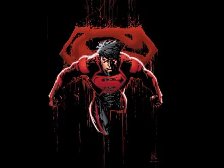 HD desktop wallpaper featuring Superboy Conner Kent in a powerful flying pose, with a red 'S' symbol in the background against a dark backdrop.