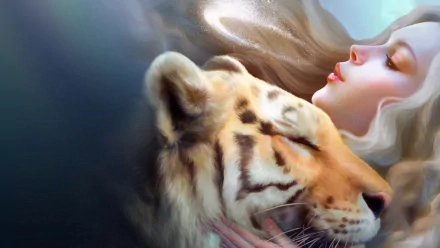 A fantasy-themed HD desktop wallpaper featuring a serene woman with flowing hair gently interacting with a majestic tiger, capturing a moment of connection and beauty.